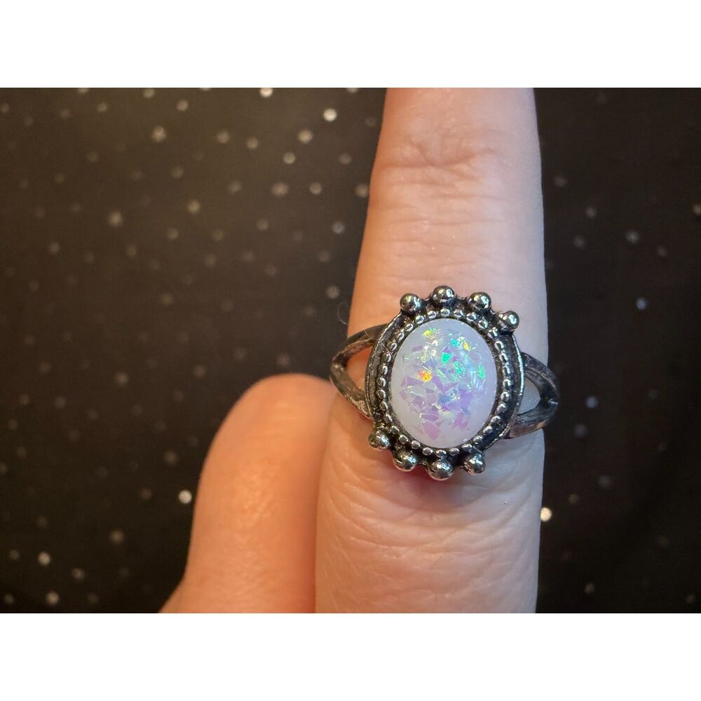 Synthetic Opal Ring Size 8, Silver Tone Oval Statement Ring